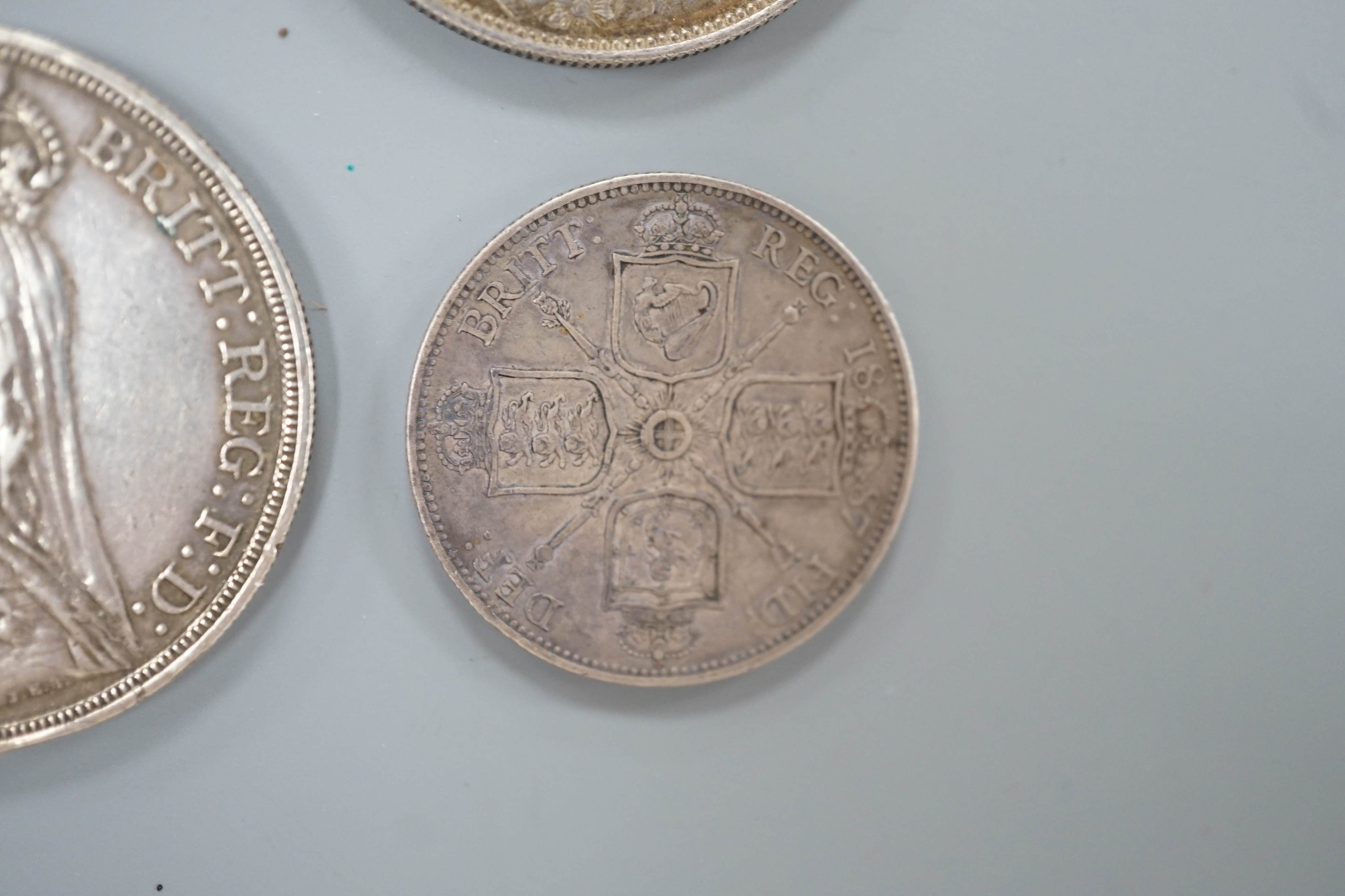 Victoria silver Jubilee head coins, double florin 1887, hairlines otherwise AEF, crown 1887, VF, florin 1887, VF, shilling 1887, EF